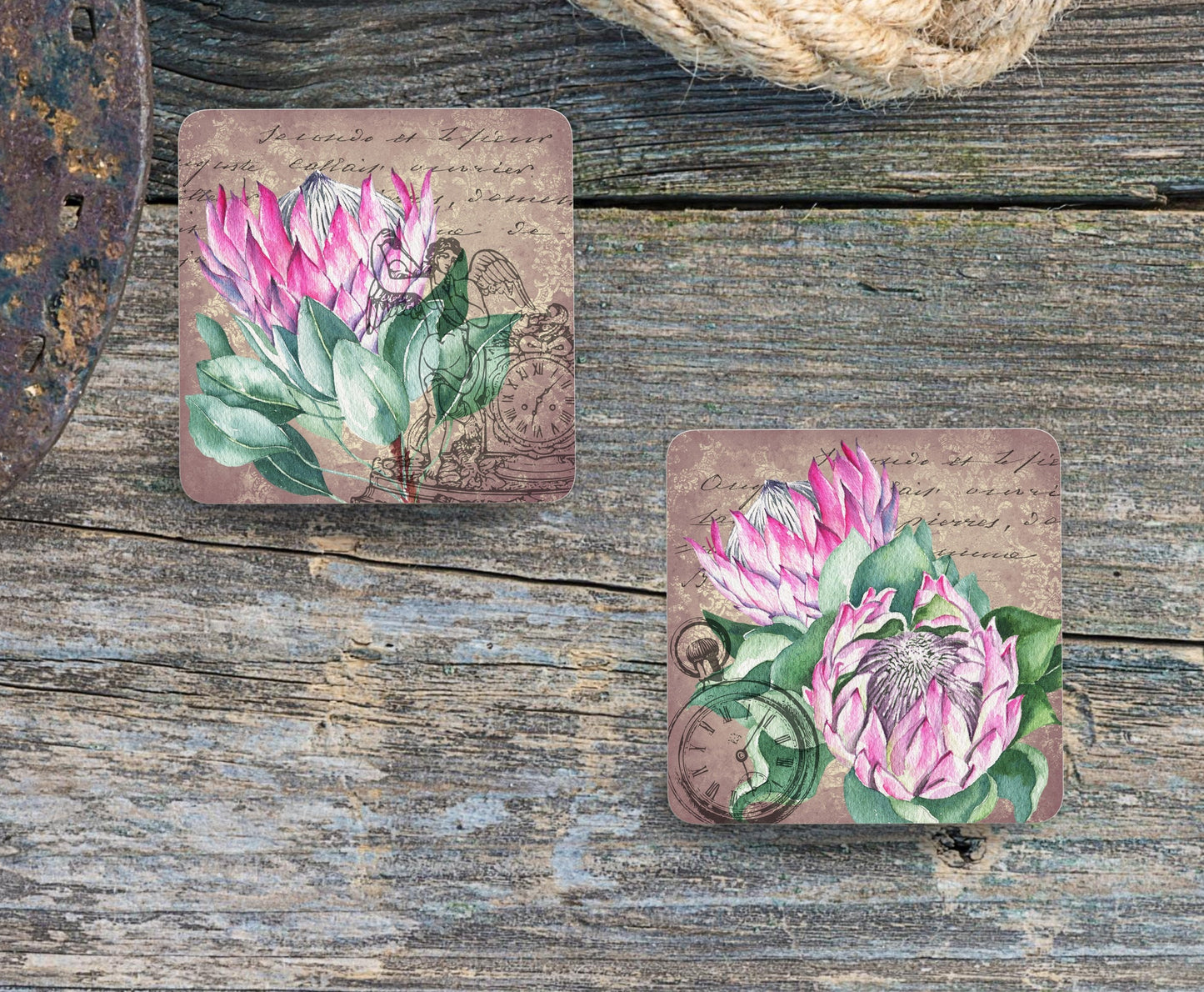 Set of 4 Coasters with optional Display Stand, Vintage Proteas. South African coasters. ( 9x9cm )
