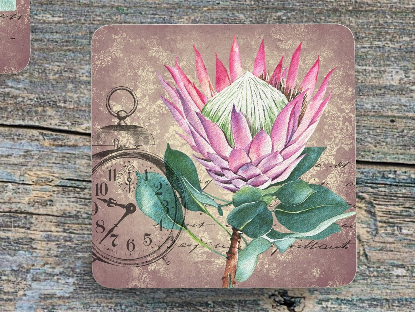 Set of 4 Coasters with optional Display Stand, Vintage Proteas. South African coasters. ( 9x9cm )