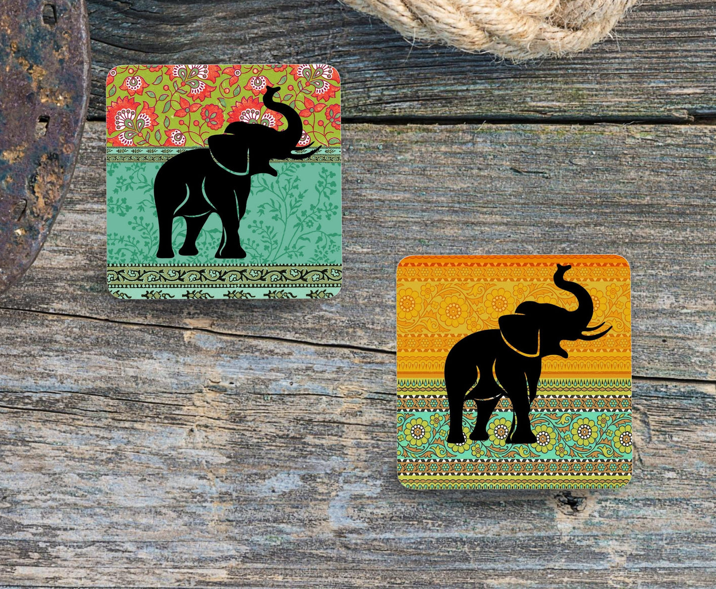 Set of 4 Coasters with optional Display Stand, Elephant with different vibrant coloured backgrounds. Elephant gift. ( 9x9cm )