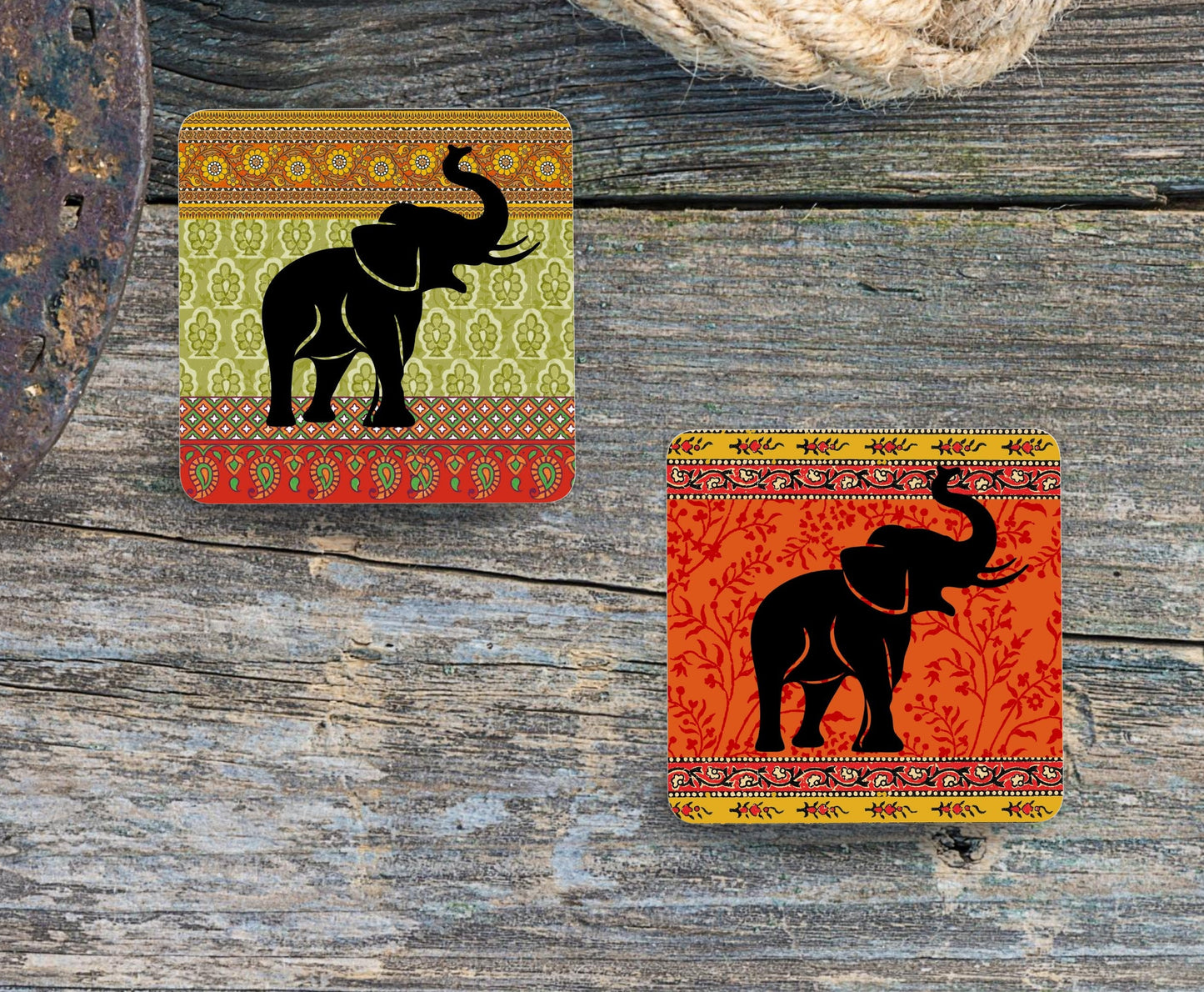 Set of 4 Coasters with optional Display Stand, Elephant with different vibrant coloured backgrounds. Elephant gift. ( 9x9cm )