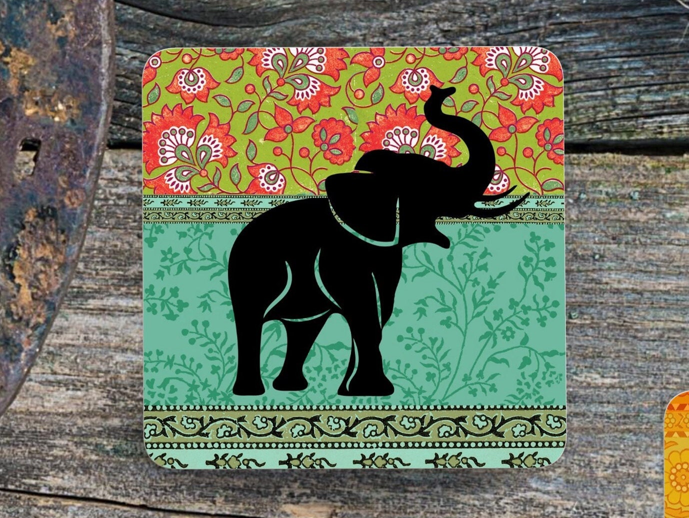 Set of 4 Coasters with optional Display Stand, Elephant with different vibrant coloured backgrounds. Elephant gift. ( 9x9cm )