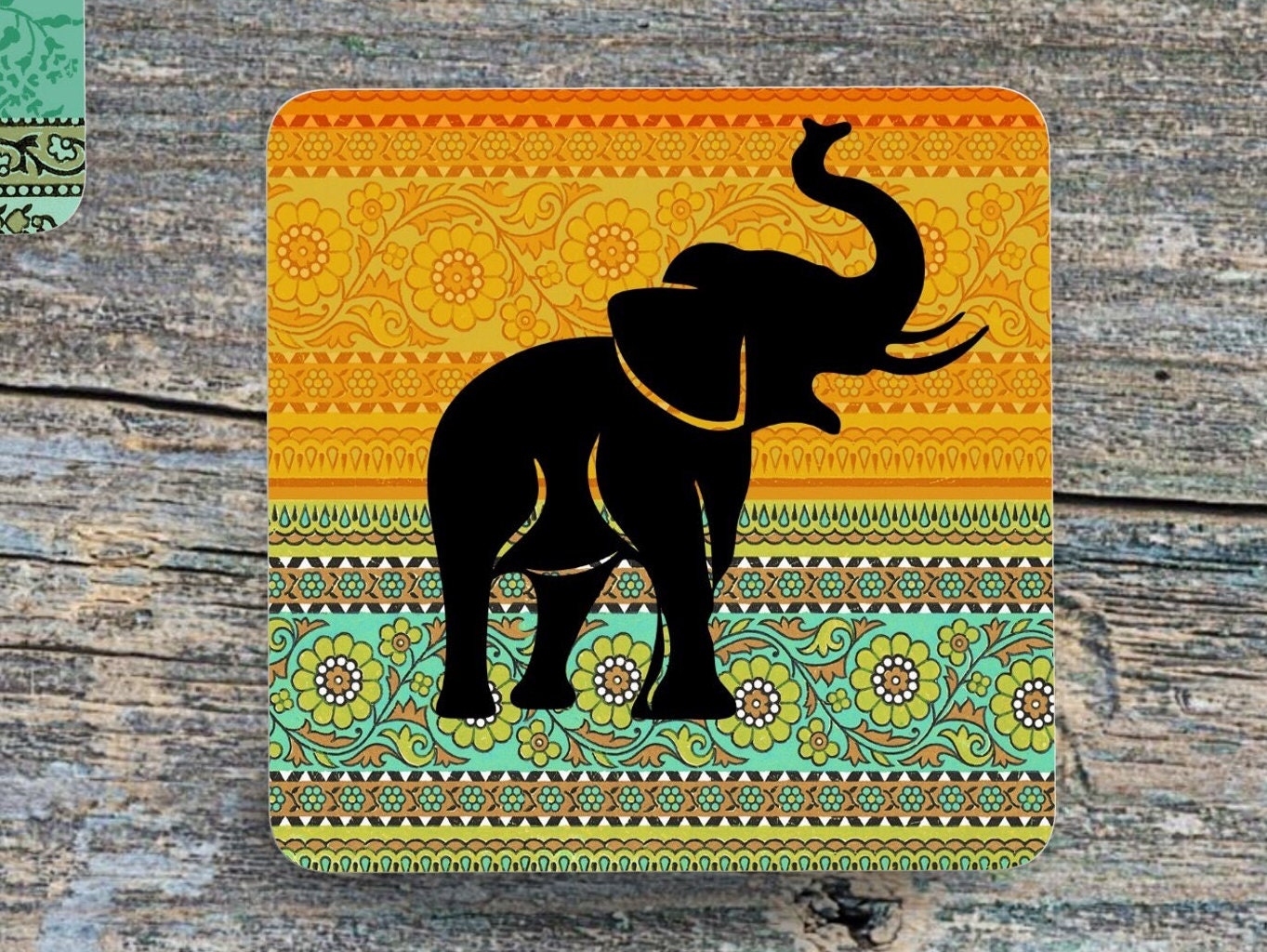 Set of 4 Coasters with optional Display Stand, Elephant with different vibrant coloured backgrounds. Elephant gift. ( 9x9cm )