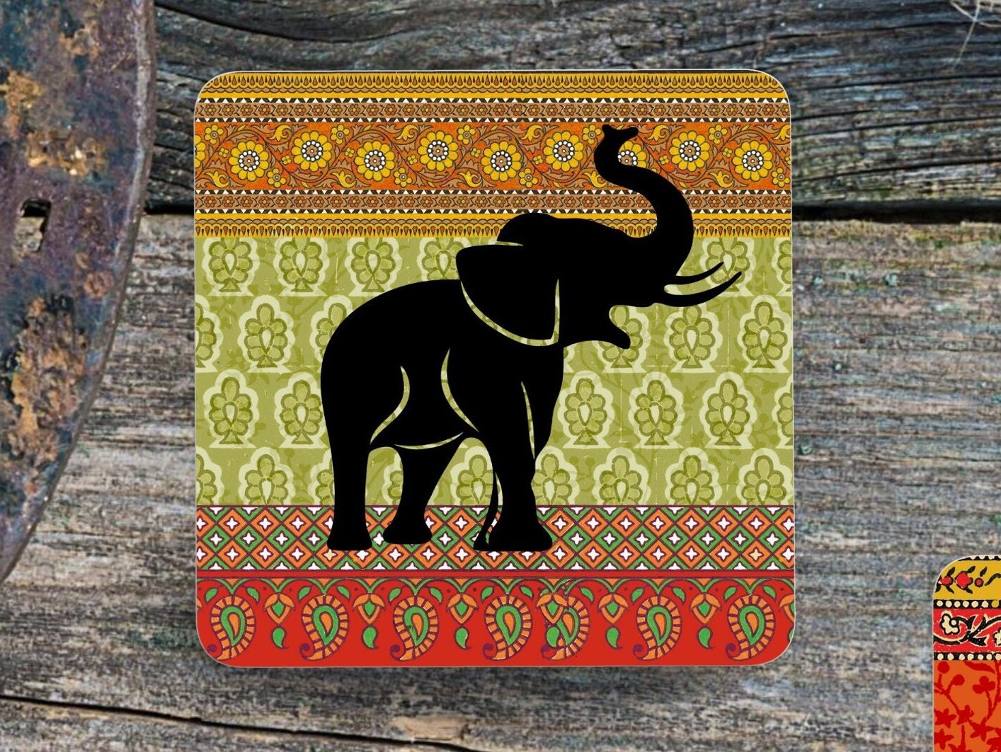 Set of 4 Coasters with optional Display Stand, Elephant with different vibrant coloured backgrounds. Elephant gift. ( 9x9cm )