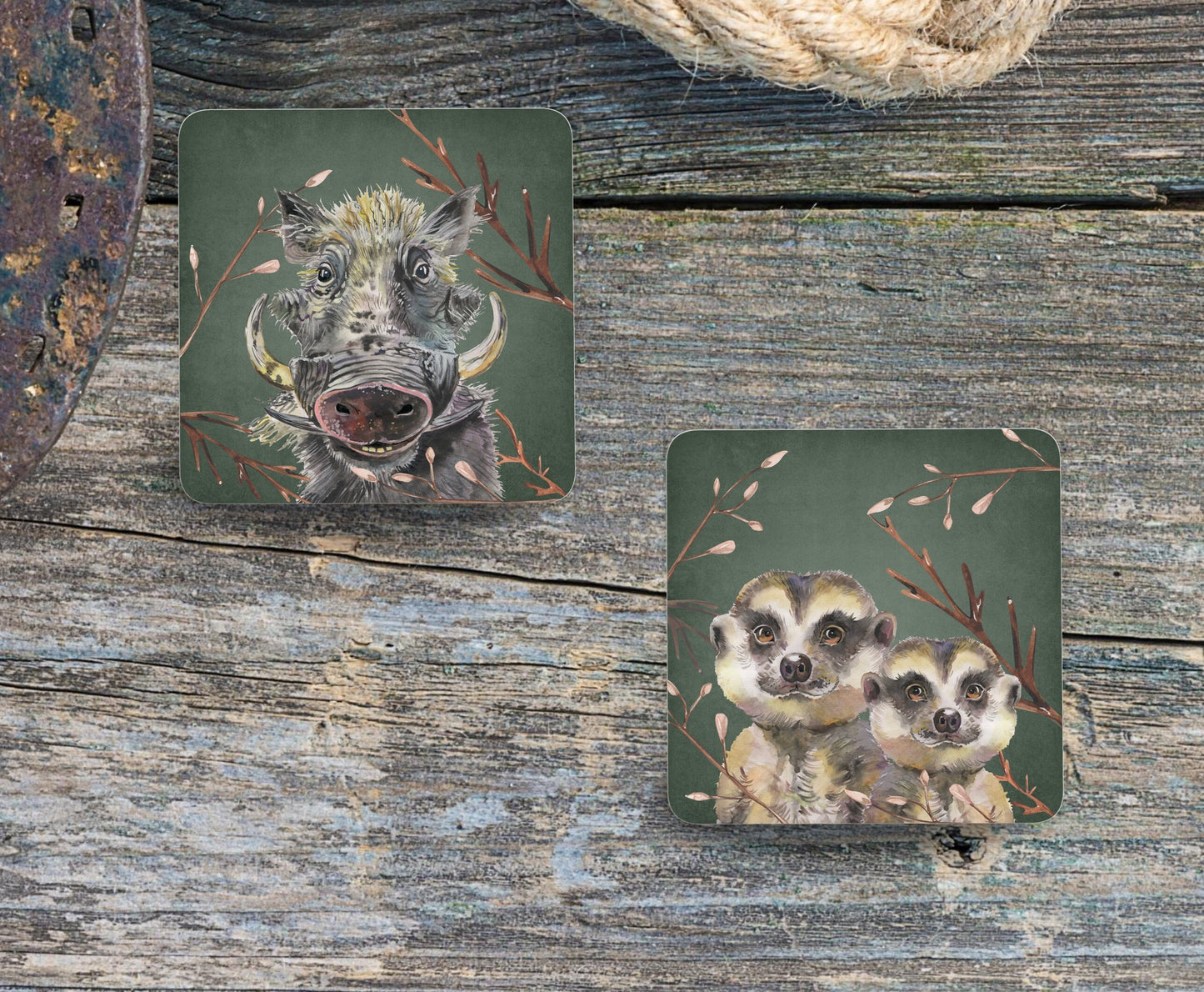 Set of 4 Coasters with optional Display Stand, Meerkat and Warthog, hand printed. ( 9x9 cm ) Great and vibrant South African Designs.