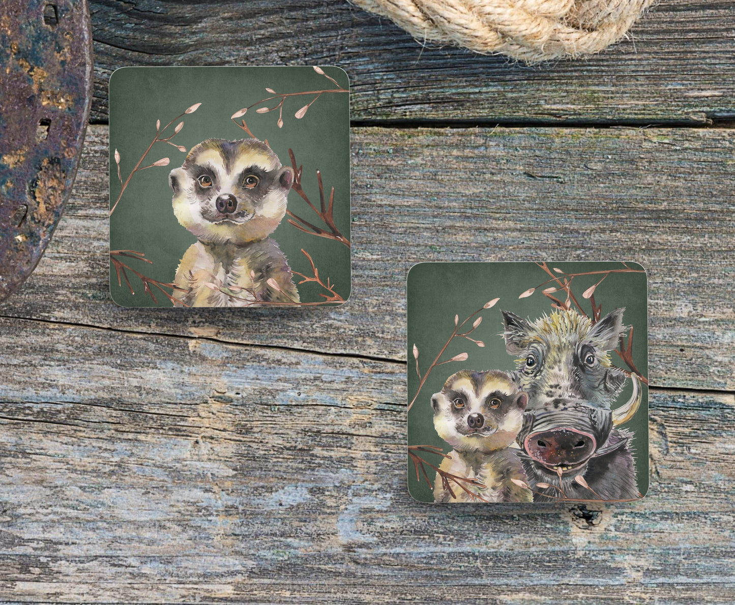 Set of 4 Coasters with optional Display Stand, Meerkat and Warthog, hand printed. ( 9x9 cm ) Great and vibrant South African Designs.