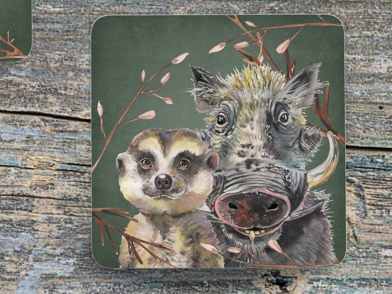 Set of 4 Coasters with optional Display Stand, Meerkat and Warthog, hand printed. ( 9x9 cm ) Great and vibrant South African Designs.