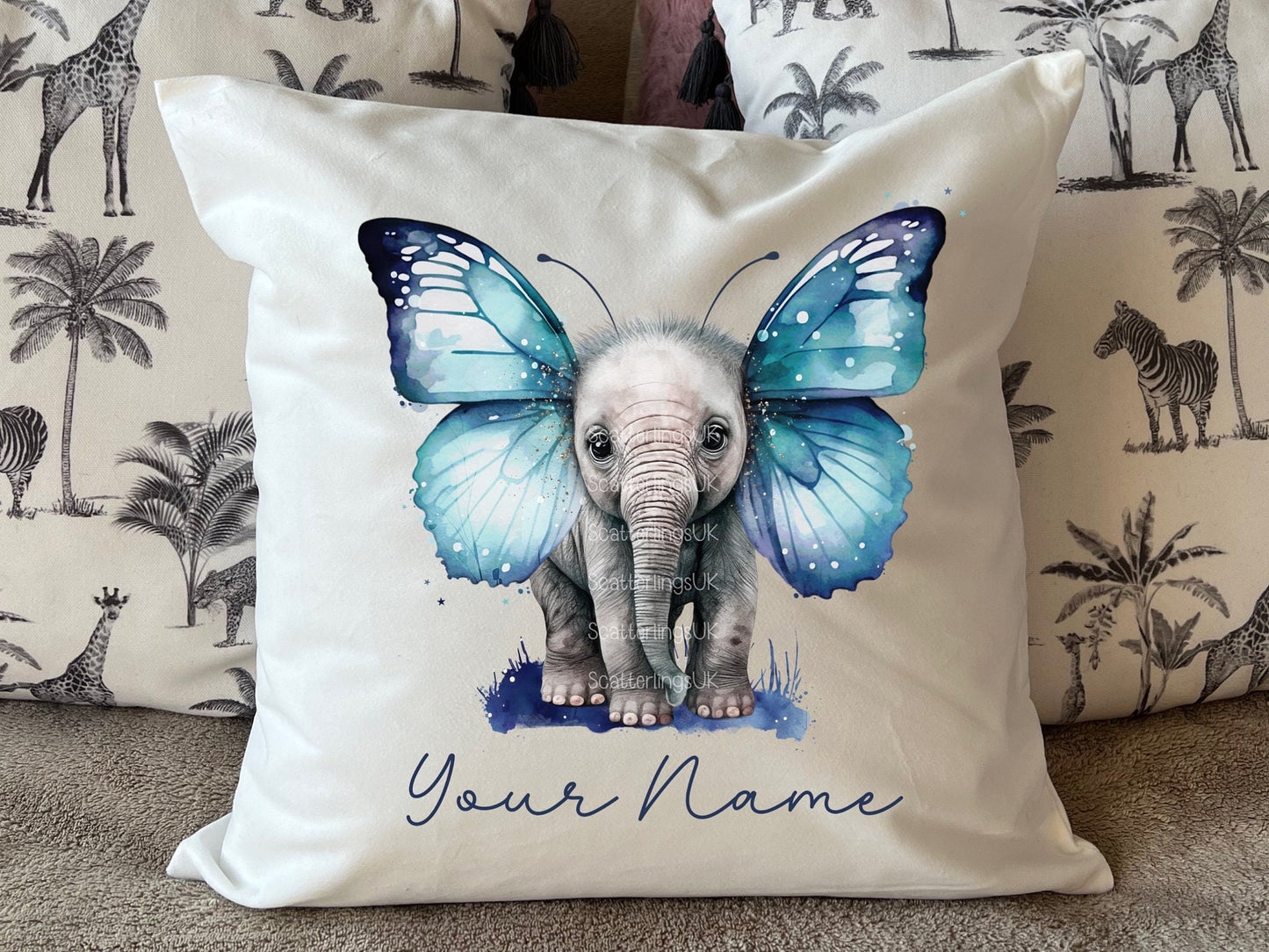 Elephant Blue Butterfly Wings Cushion Personalised Pillow Gift for Mum Elephant lover Gift for her sister daughter teacher nursery new baby
