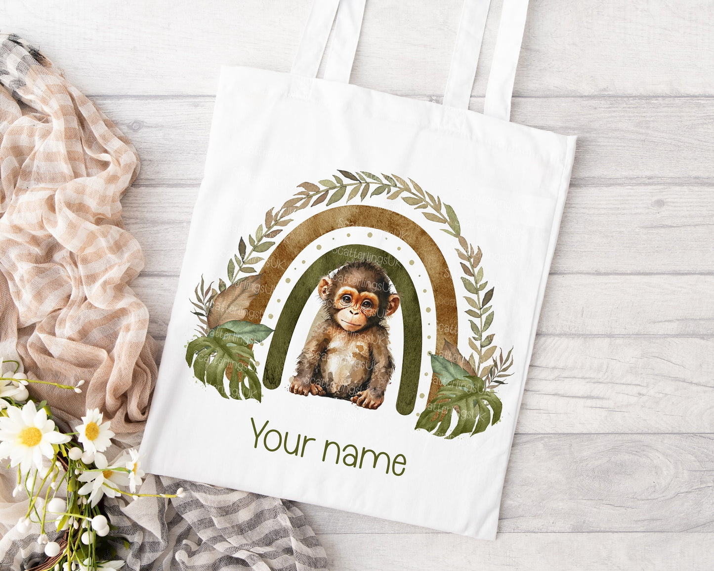 Cheeky Monkey Rainbow personalised custom white tote bag gift for teacher mum nan reusable eco-friendly safari jungle