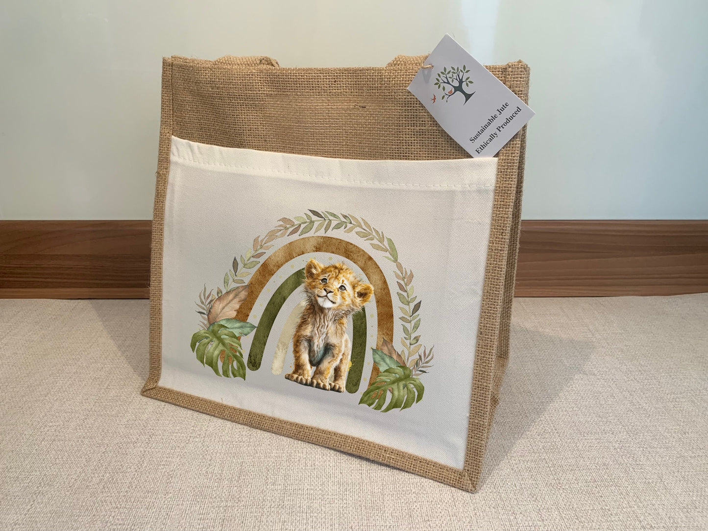 Lion Cub Jute Bag with fabric pocket. Eco-friendly Hessian Burlap Tote Reusable.