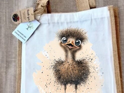 Ostrich Baby Jute Bag with fabric pocket. Eco-friendly Hessian Burlap Tote Reusable