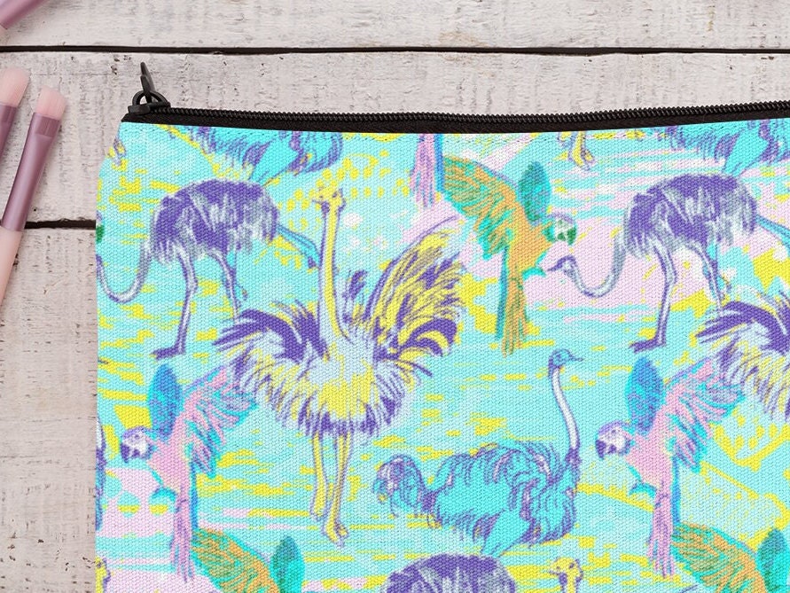 Ostrich Linen Make up bag cosmetics pencil case four Ostrich bird design options Zipped pouch.
