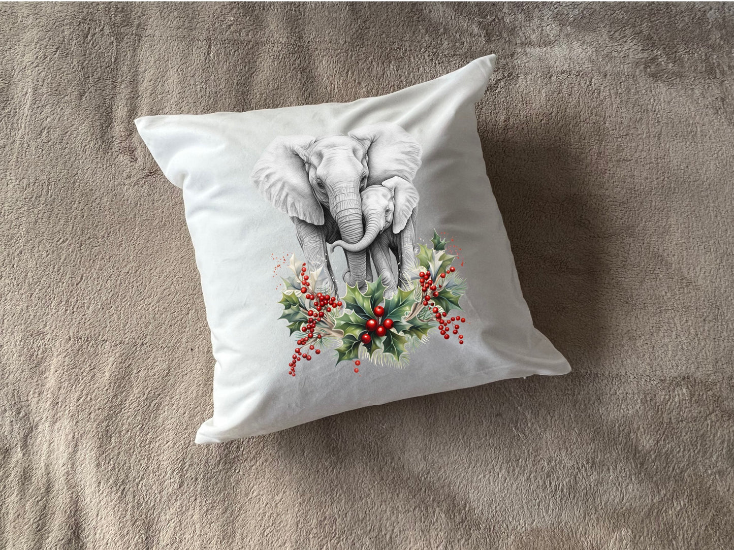 Elephant Christmas Cushion mother and child flowers Holly pillow cover decoration new home housewarming gift idea feastive season holidays