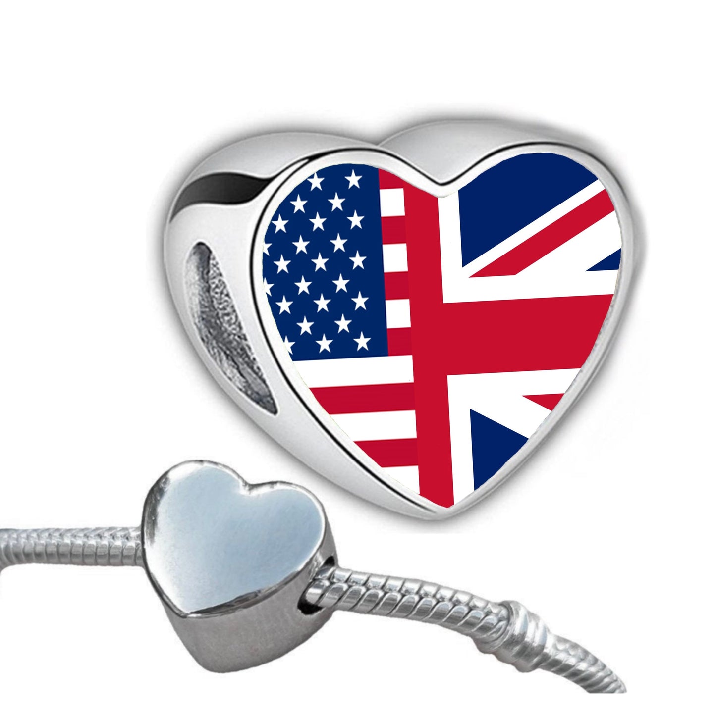 United States United Kingdom blended Flag heart bracelet stainless steel add on large hole charm bead Personalised Valentine gift for mom