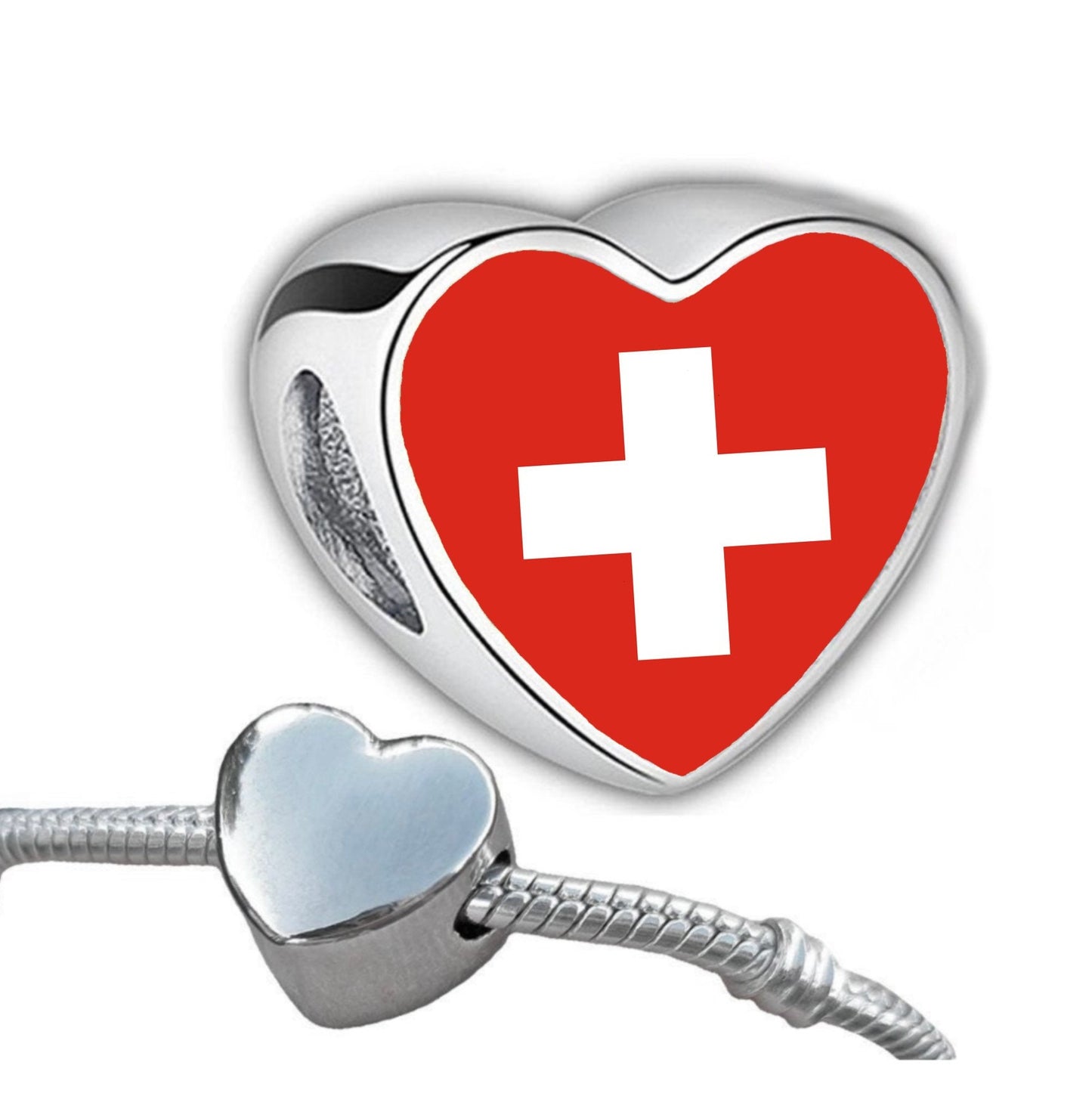 Switzerland Swiss flag heart shaped bracelet stainless steel charm Personalised CHARM ONLY