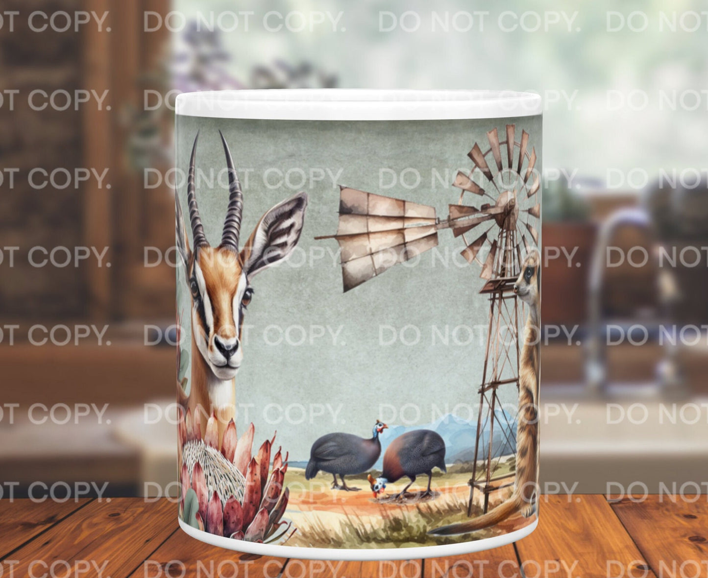 Springbok Meerkats Protea Guinea Fowl Windmill Windpomp South Africa 11oz mug Karoo Platteland Afrikaans gift