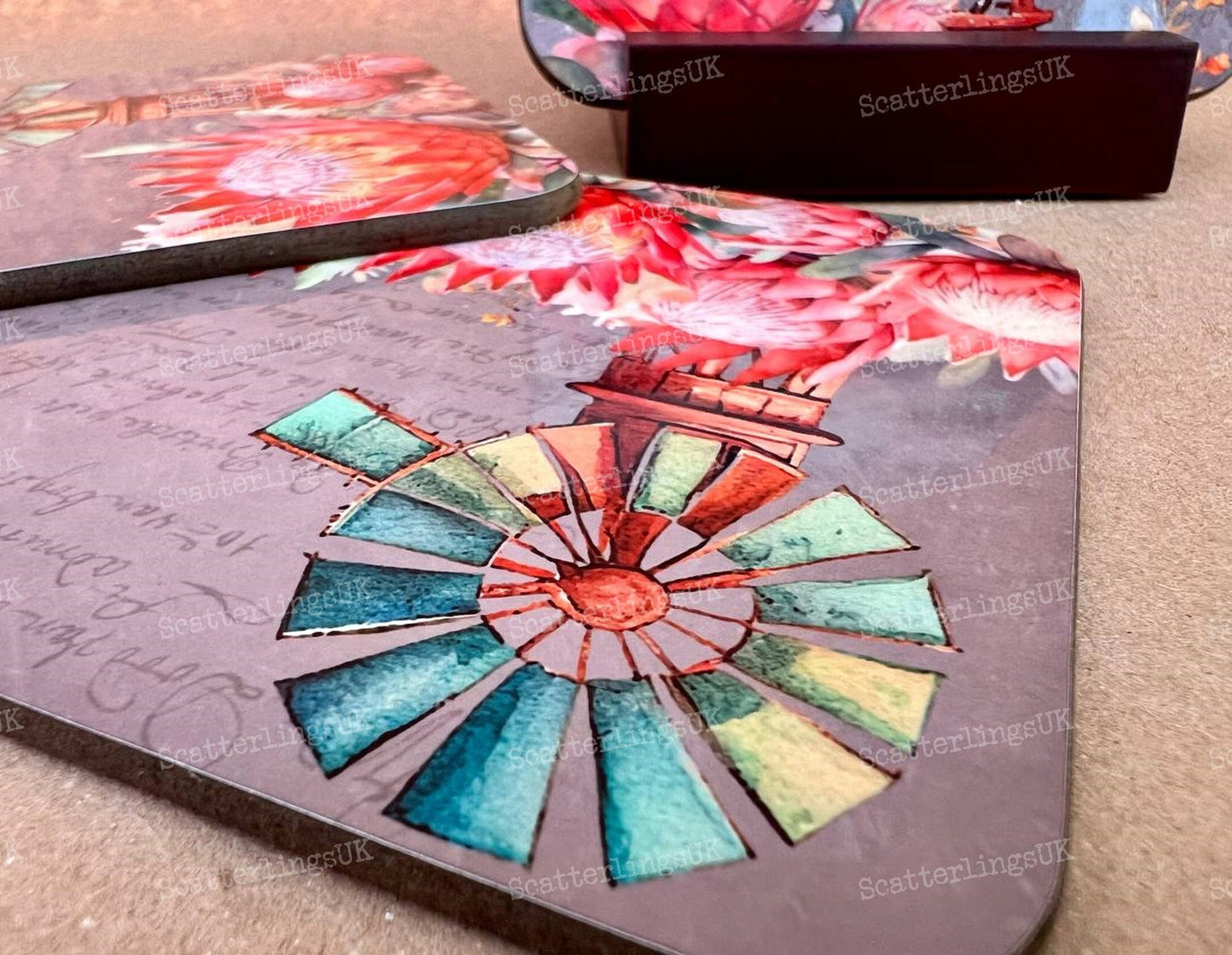 Protea Coasters with optional Display Stand set of 4 Windmill bright pink Proteas South African Australian Karoo gift birthday Mother’s Day