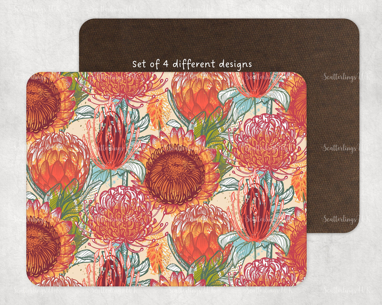Set of 4 Protea Flame Lily Floral Set South African/Southern African/Zimbabwe flowers tablemat placemat gift bright colours four setting