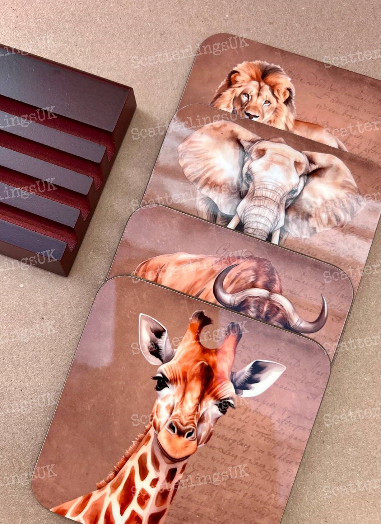 African animals coasters set of 4 elephant lion buffalo giraffe South African gift for him bar with optional display stand