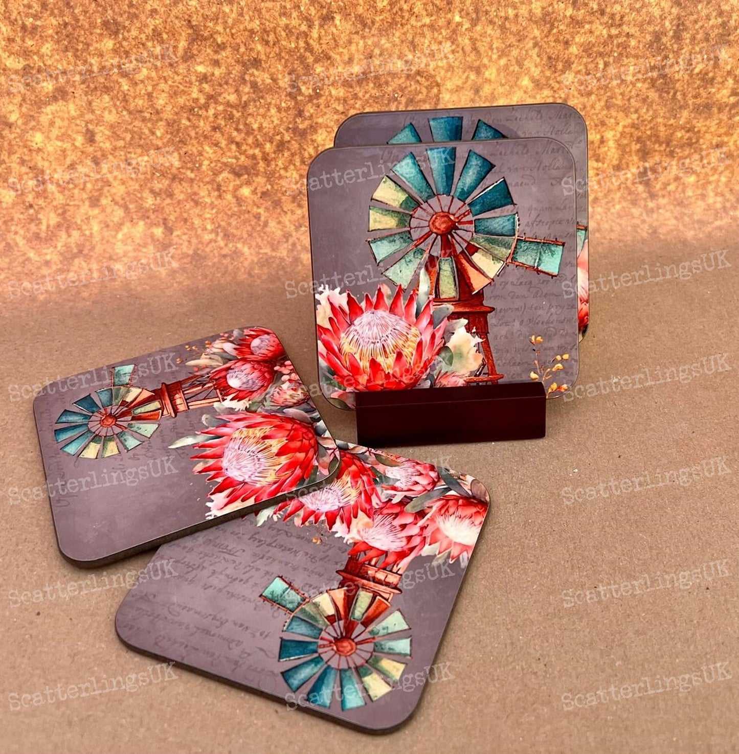 Protea Coasters with optional Display Stand set of 4 Windmill bright pink Proteas South African Australian Karoo gift birthday Mother’s Day