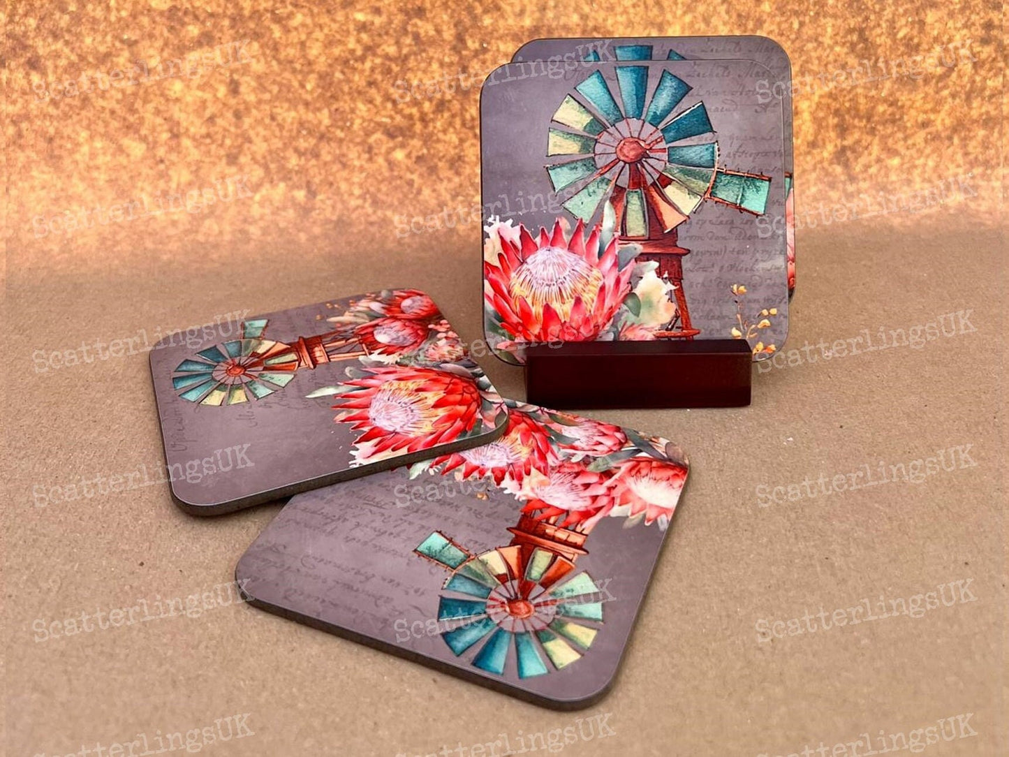 Protea Coasters with optional Display Stand set of 4 Windmill bright pink Proteas South African Australian Karoo gift birthday Mother’s Day