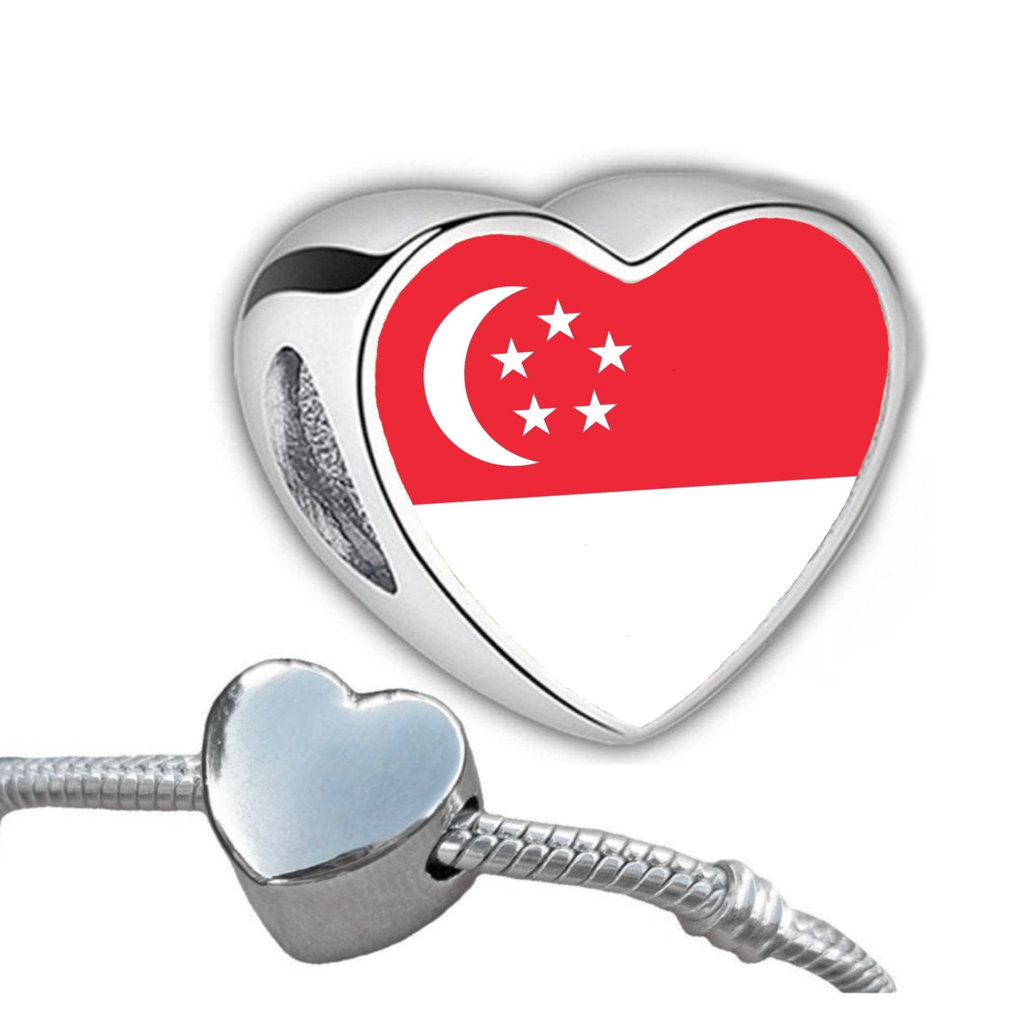 Singapore Flag heart stainless steel charm bead personalised large hole charm add on bead. Valentine’s gift for mom mum.