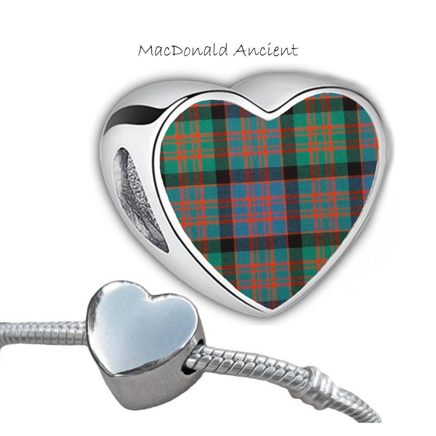 MacDonald Clan Scots tartan heart shaped bracelet stainless steel charm Add on large hole bead personalised Christmas Valentine for her Mum