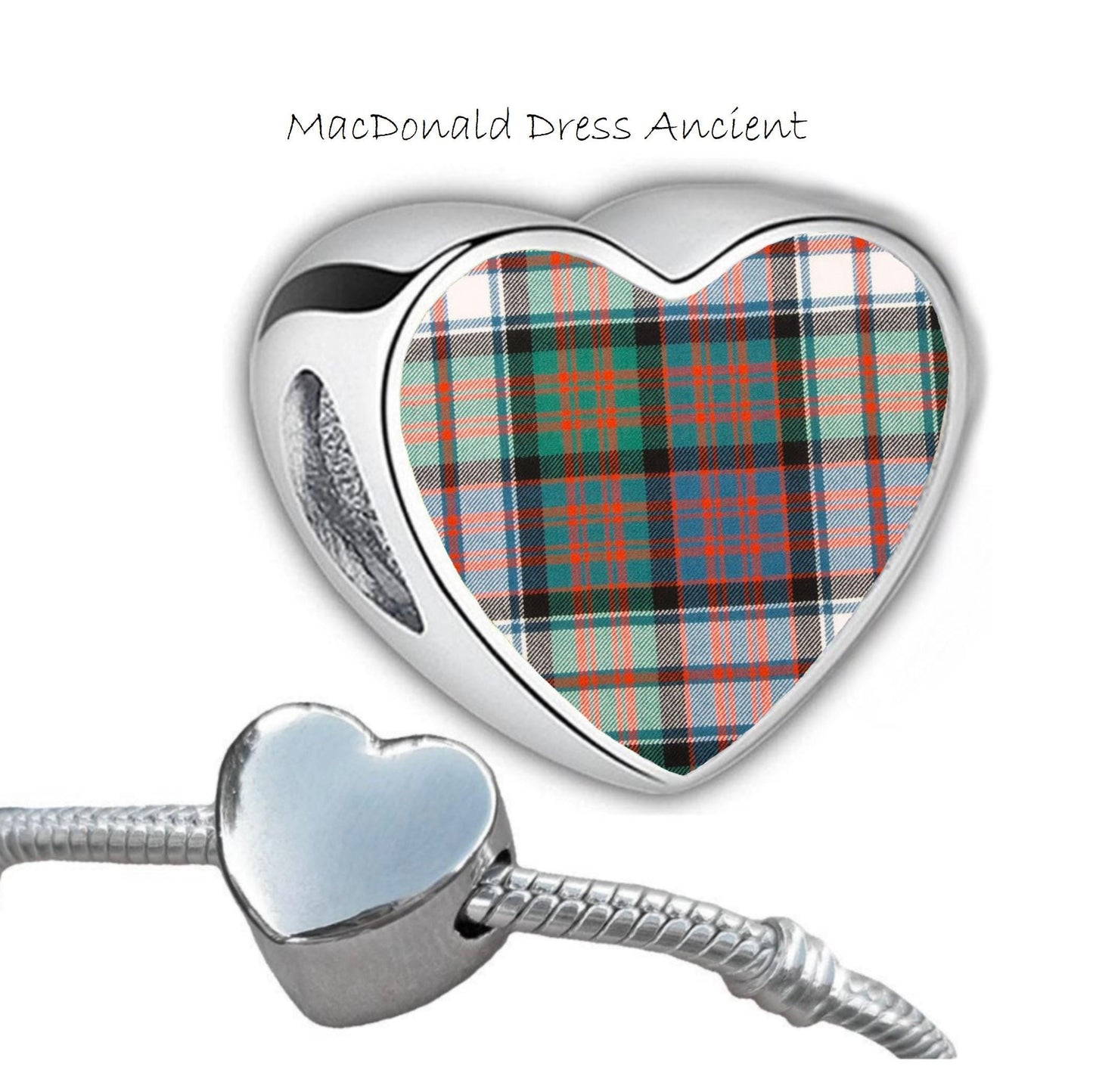 MacDonald Clan Scots tartan heart shaped bracelet stainless steel charm Add on large hole bead personalised Christmas Valentine for her Mum