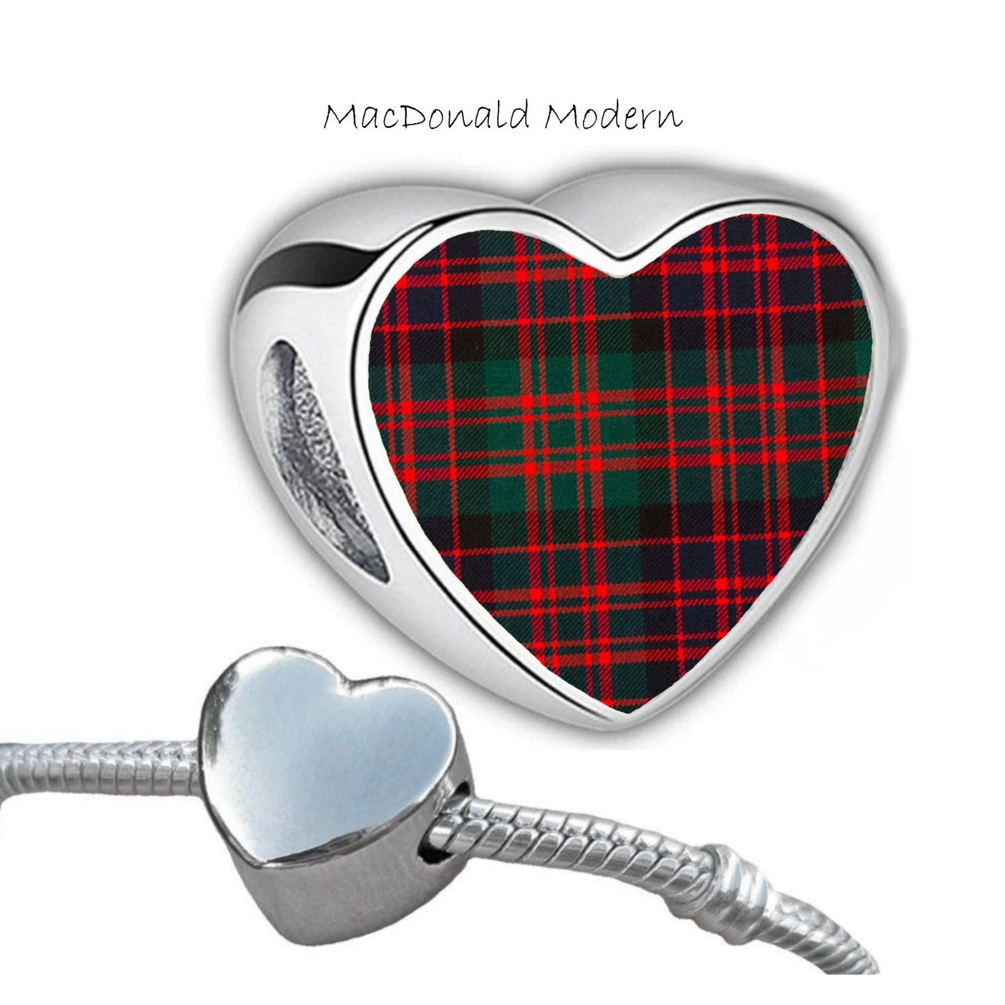 MacDonald Clan Scots tartan heart shaped bracelet stainless steel charm Add on large hole bead personalised Christmas Valentine for her Mum