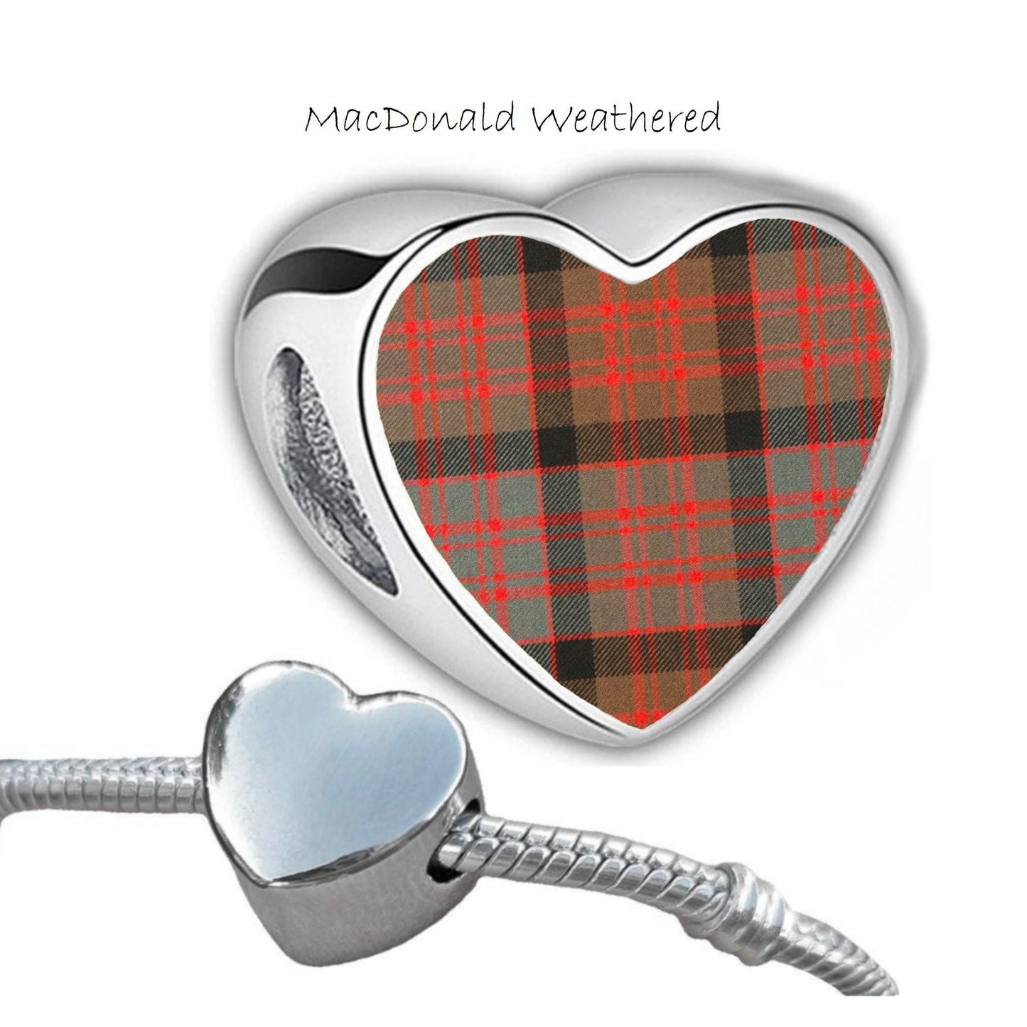 MacDonald Clan Scots tartan heart shaped bracelet stainless steel charm Add on large hole bead personalised Christmas Valentine for her Mum