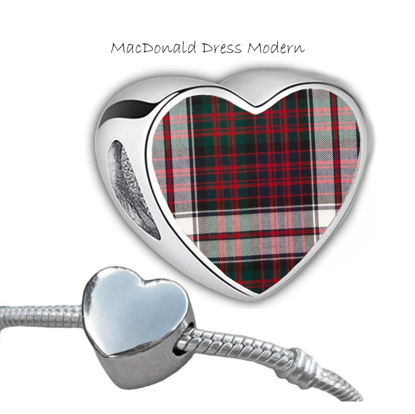 MacDonald Clan Scots tartan heart shaped bracelet stainless steel charm Add on large hole bead personalised Christmas Valentine for her Mum