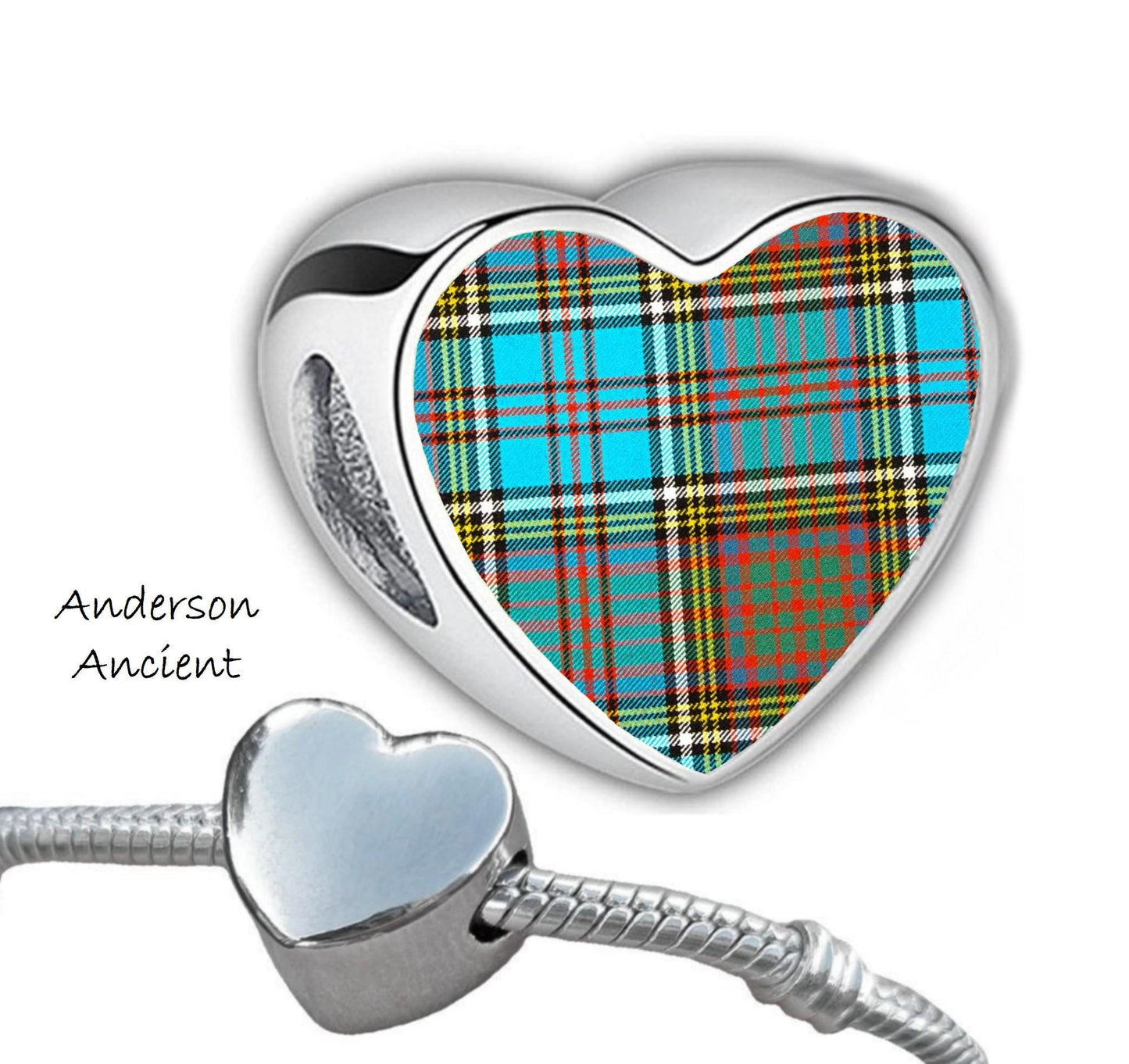 Anderson Clan Scots tartans heart shaped stainless steel Addon charm large hole bead custom Christmas Valentine Gift for her Mum CHARM ONLY