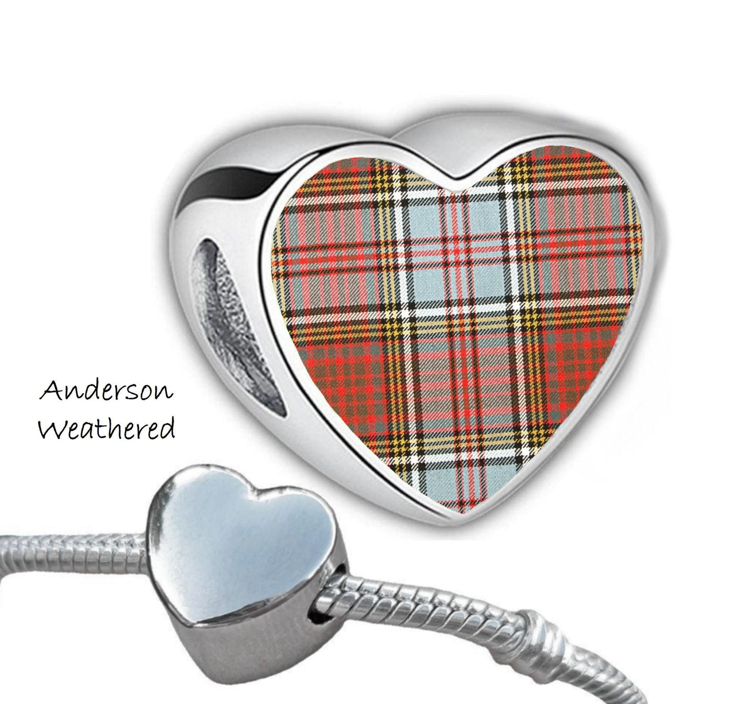 Anderson Clan Scots tartans heart shaped stainless steel Addon charm large hole bead custom Christmas Valentine Gift for her Mum CHARM ONLY
