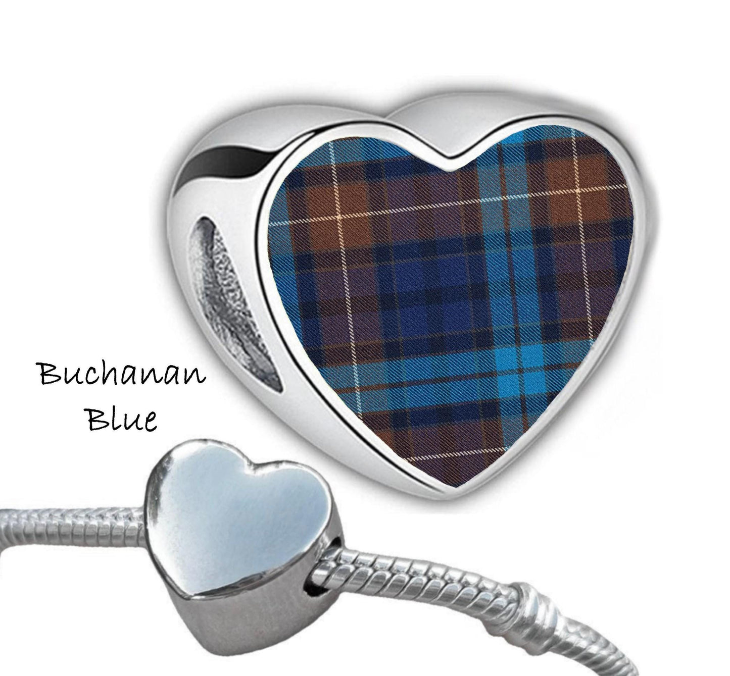 Buchanan Clan Scots tartan heart shaped stainless steel Addon charm large hole bead custom Christmas Valentine's Gift for her Mum CHARM ONLY