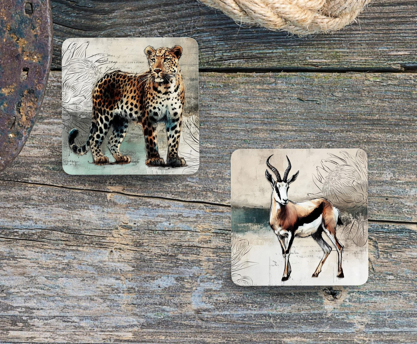 Coasters Set of Six SA Big Five Animals and Springbok South Africa Table Setting New Home Gift Christmas