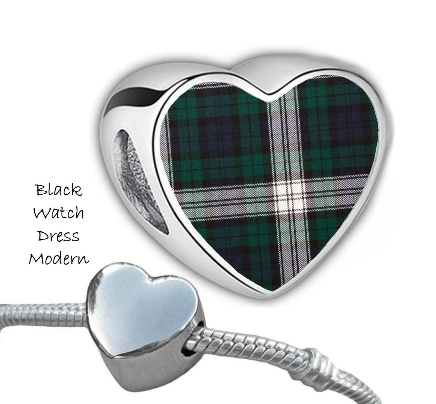 Black Watch Clan Scots tartans heart shaped stainless steel bracelet add on charm large hole bead Christmas Valentine Gift for her Mum