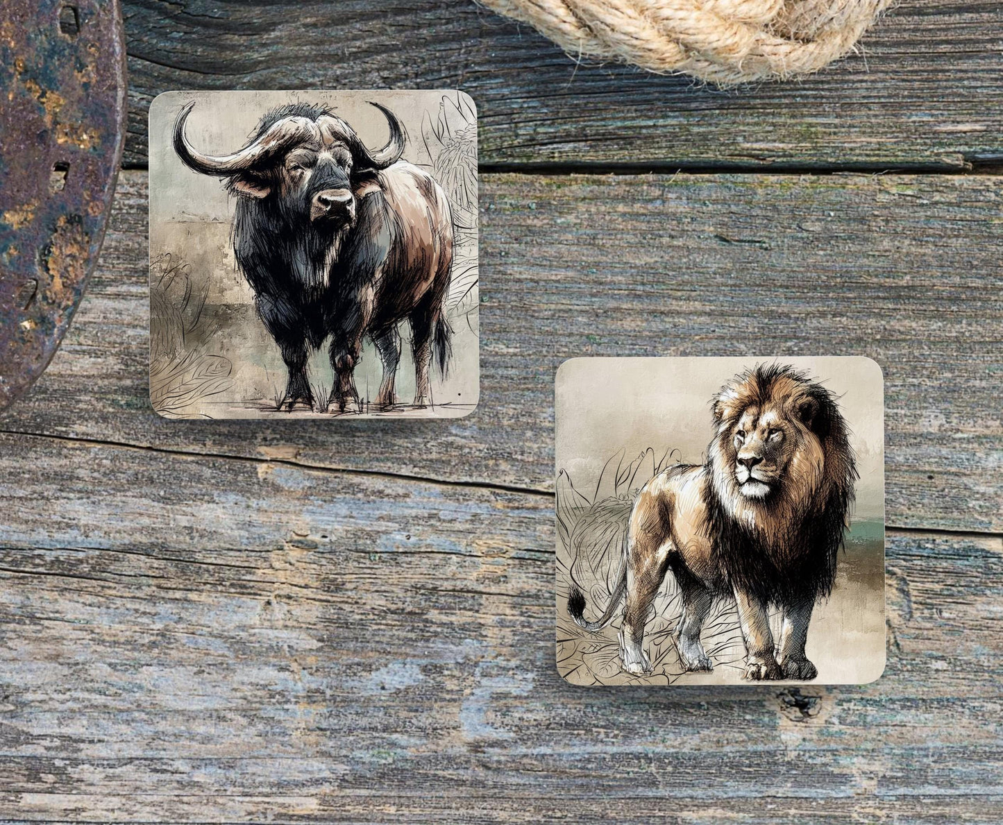 Coasters Set of Six SA Big Five Animals and Springbok South Africa Table Setting New Home Gift Christmas