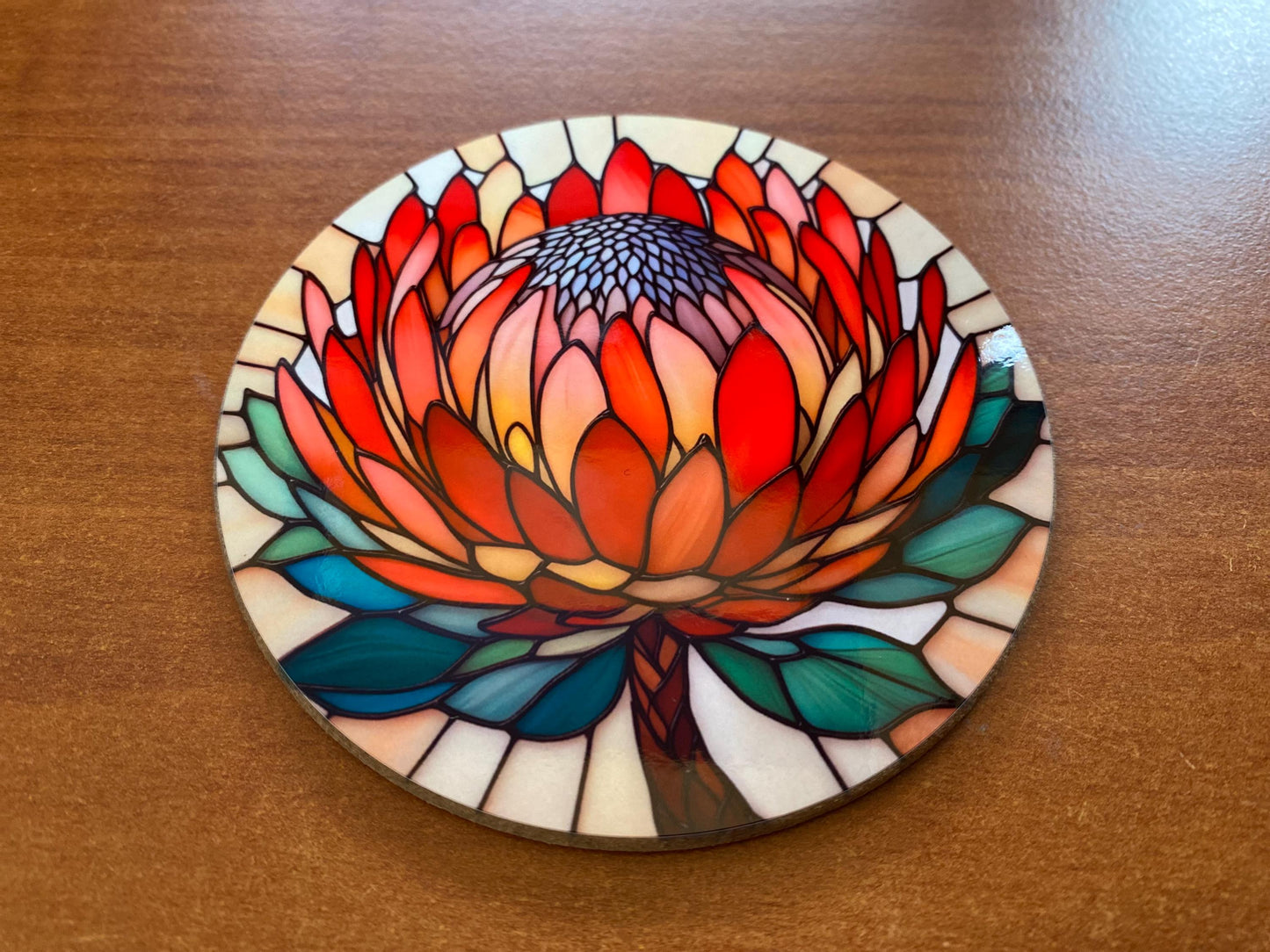 Coasters Round Protea South African Australian Flowers Painting Set of 4 New Home Gift for Her Birthday Wooden Dining Home Decor Mug Mat
