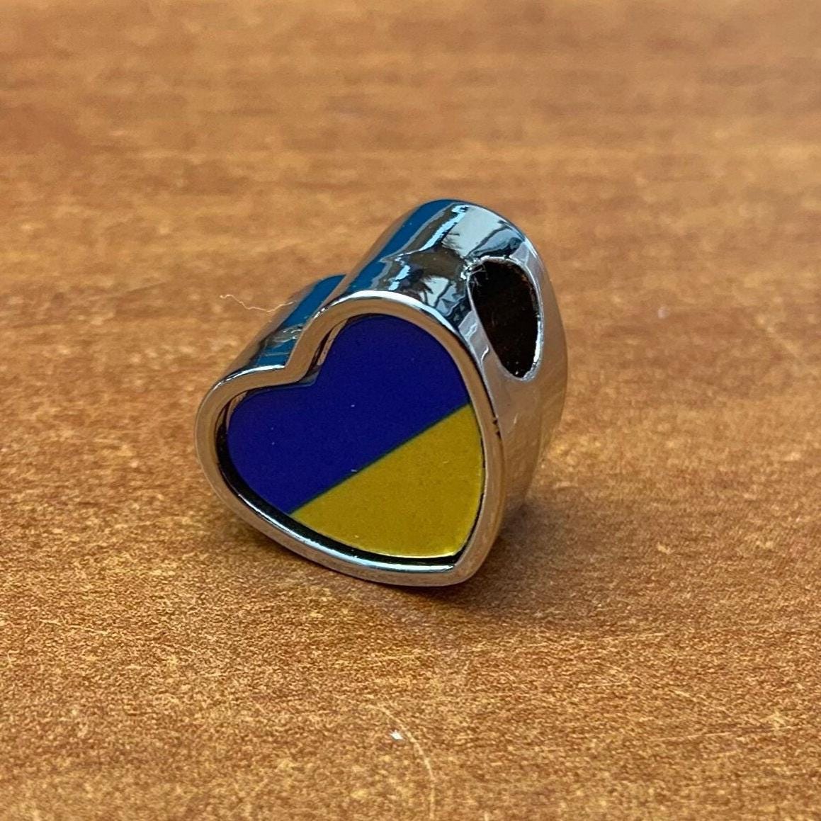 Ukraine heart shaped bracelet charm. Personalised stainless steel large hole bead charm. Ukrainian flag charm.