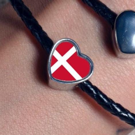 Denmark Danish Flag bracelet stainless steel heart shaped charm Addon charm Large hole bead Valentine Gift for mom mum Personalised Charm