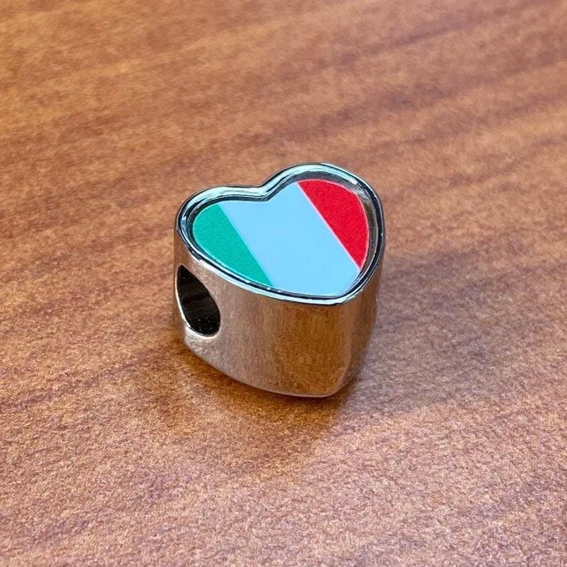 Italy Italian heart shaped bracelet stainless steel charm bead Personalised flag Add on Large hole Valentine’s gift for mom mum CHARM ONLY