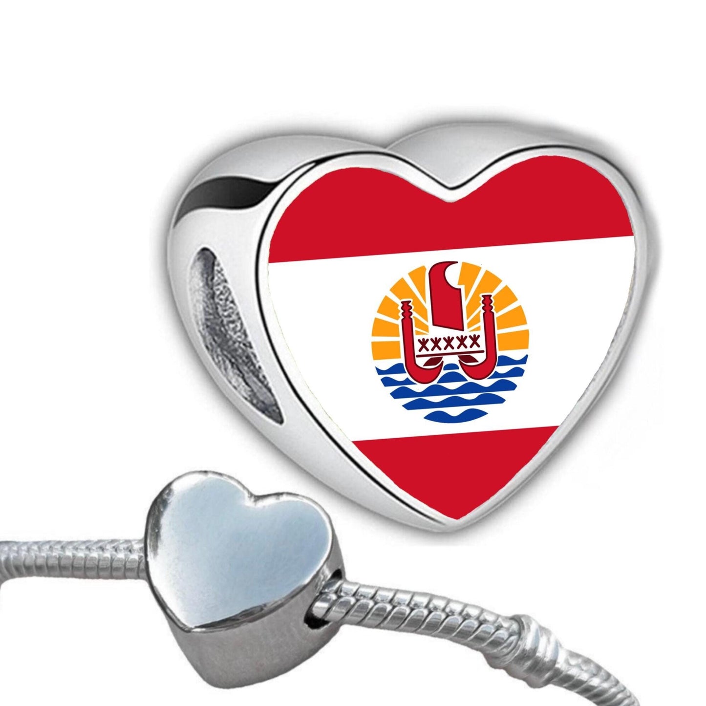 French Polynesia Polynesia flag heart shaped bracelet stainless steel charm bead charm Add on large hole Valentine’s gift for mom CHARM ONLY