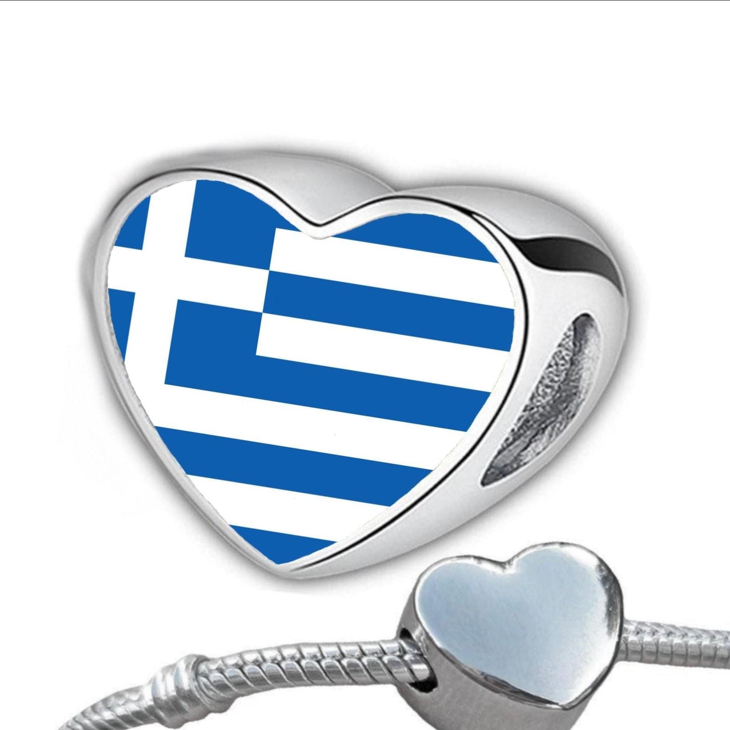 Greece Greek Flag heart bracelet stainless steel charm bead Personalised add on Large hole bead Valentine’s gift for mom mum CHARM ONLY