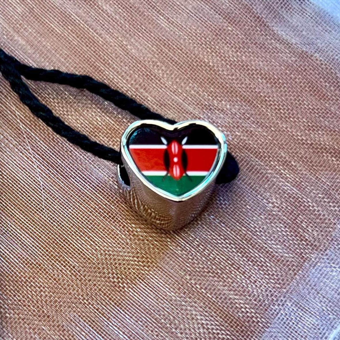 Kenyan Kenya Flag bracelet stainless steel charm bead heart shaped Personalised Add on Large hole Valentine gift for mum mom CHARM ONLY