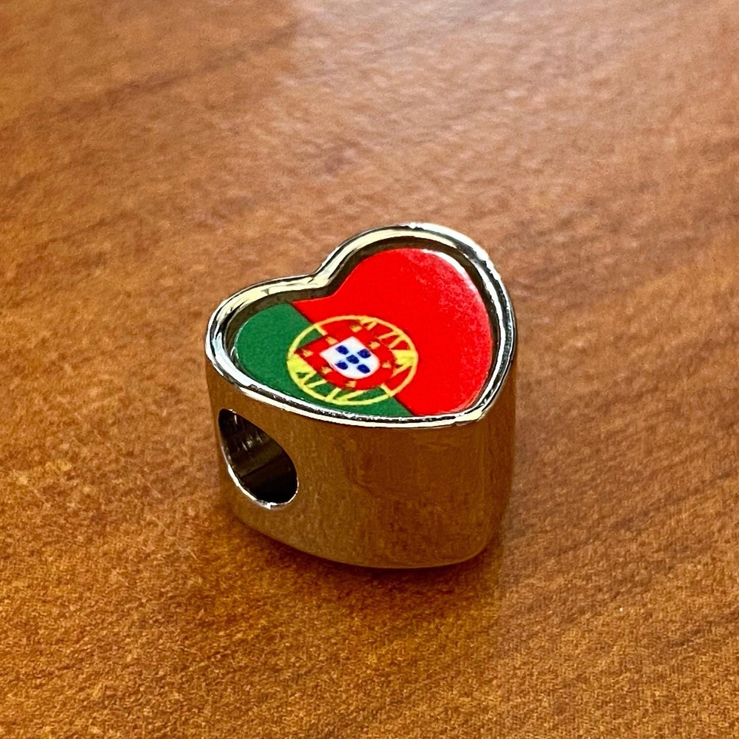 Portugal Portuguese Flag heart charm personalised stainless steel charm bead. Add on large hole charm bead Gift for mom mum Valentine’s gift