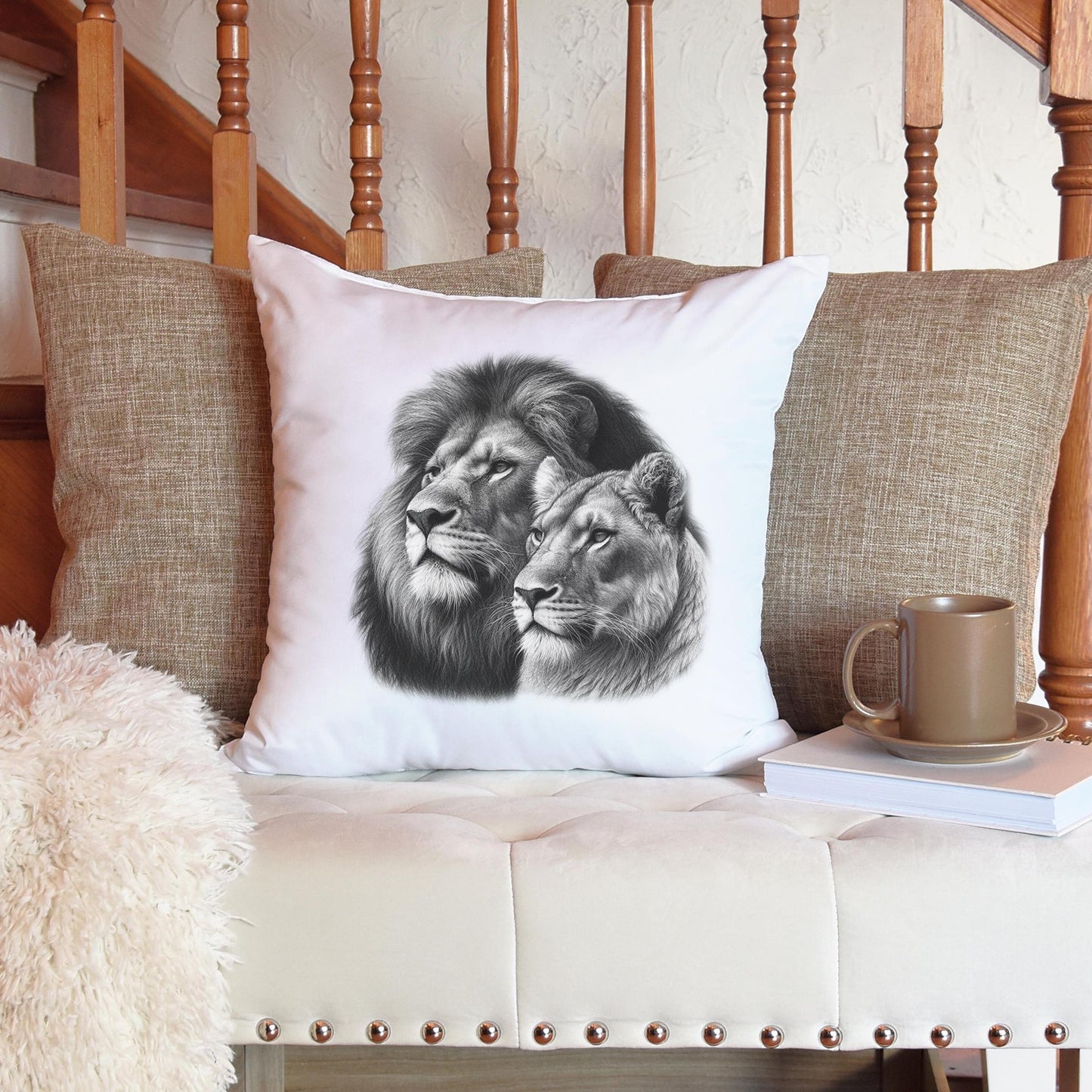 Lion Couple Sketch Valentine's Day White Scatter cushion pillow Birthday Gift for Mum Mother's Day Grandmother Safari South Africa Ubuntu
