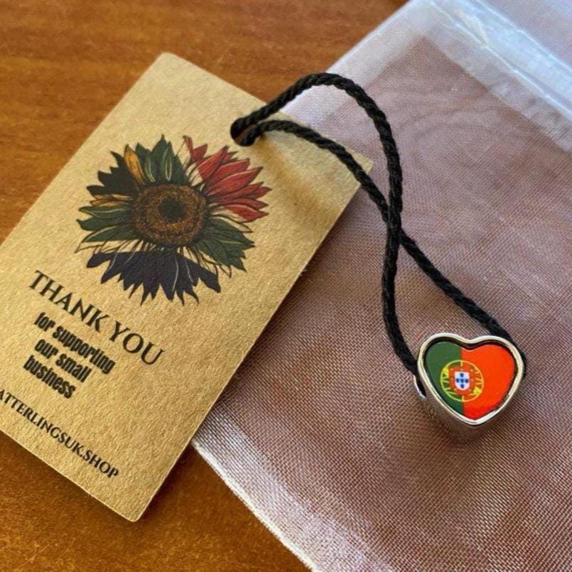 Portugal Portuguese Flag heart charm personalised stainless steel charm bead. Add on large hole charm bead Gift for mom mum Valentine’s gift