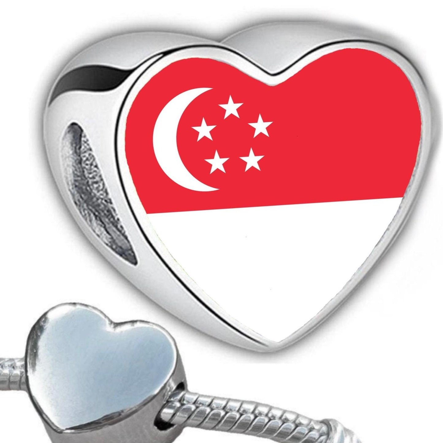 Singapore Flag heart stainless steel charm bead personalised large hole charm add on bead. Valentine’s gift for mom mum.