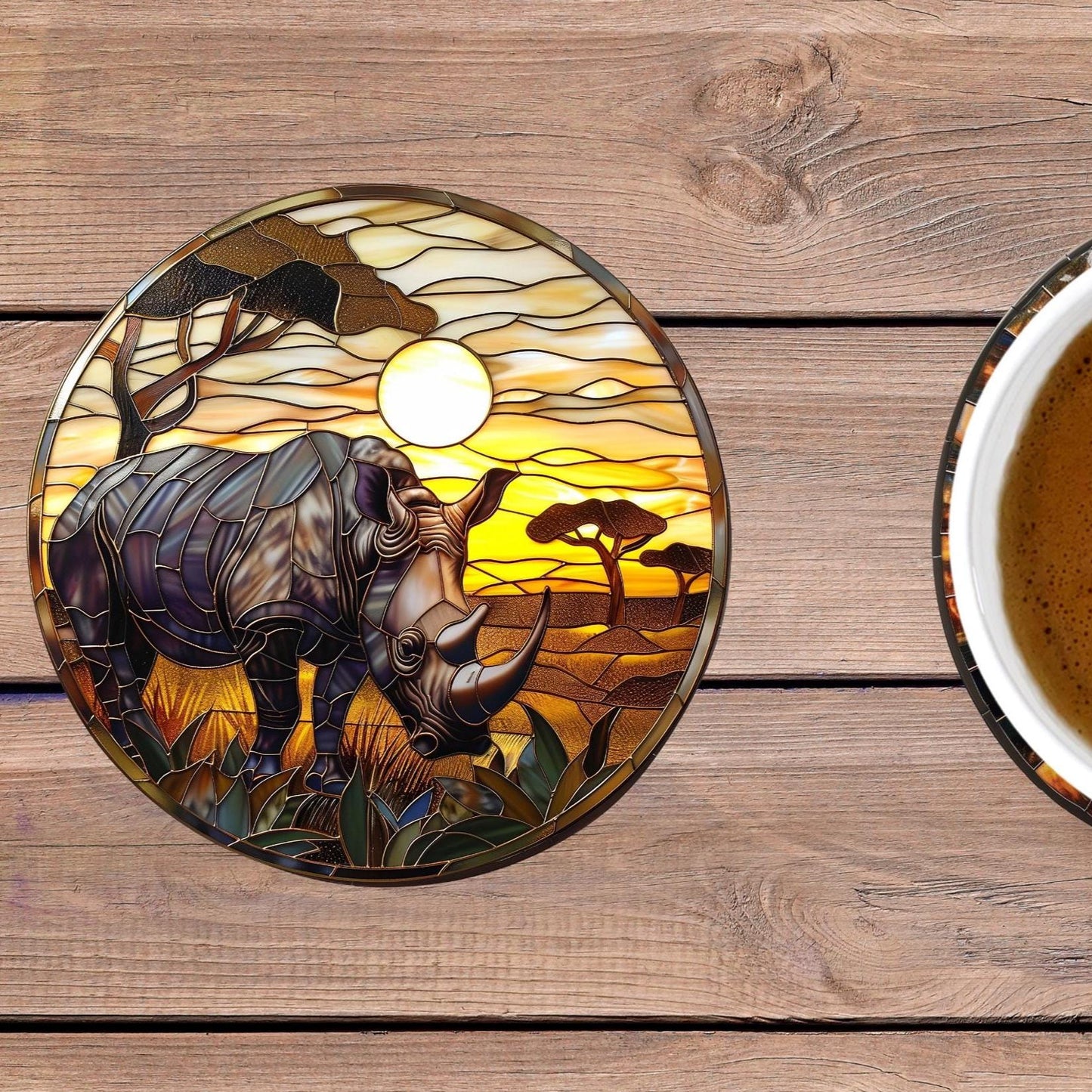 Coaster with rhino design next to a cup of coffee on a wooden surface