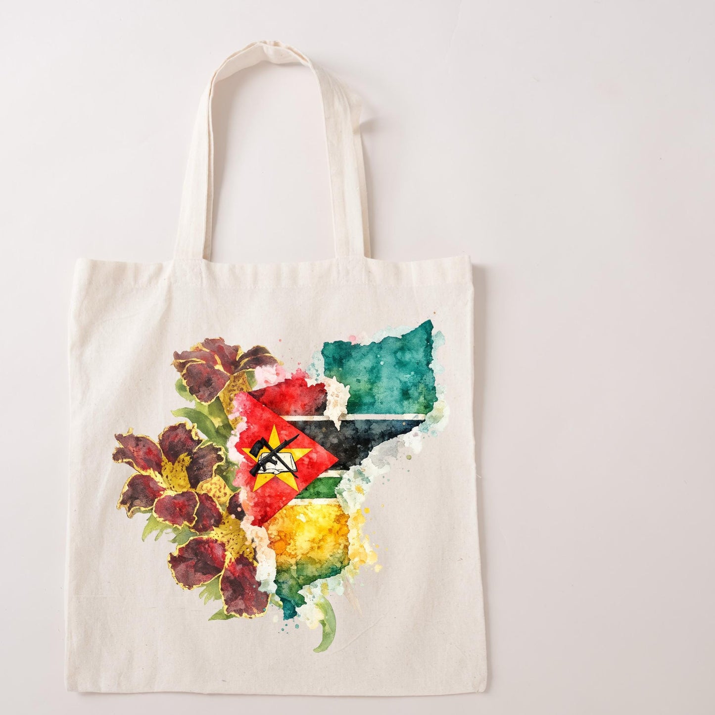 Mozambique Floral Map Tote Bag - Maroon Bell Bean Watercolor Design