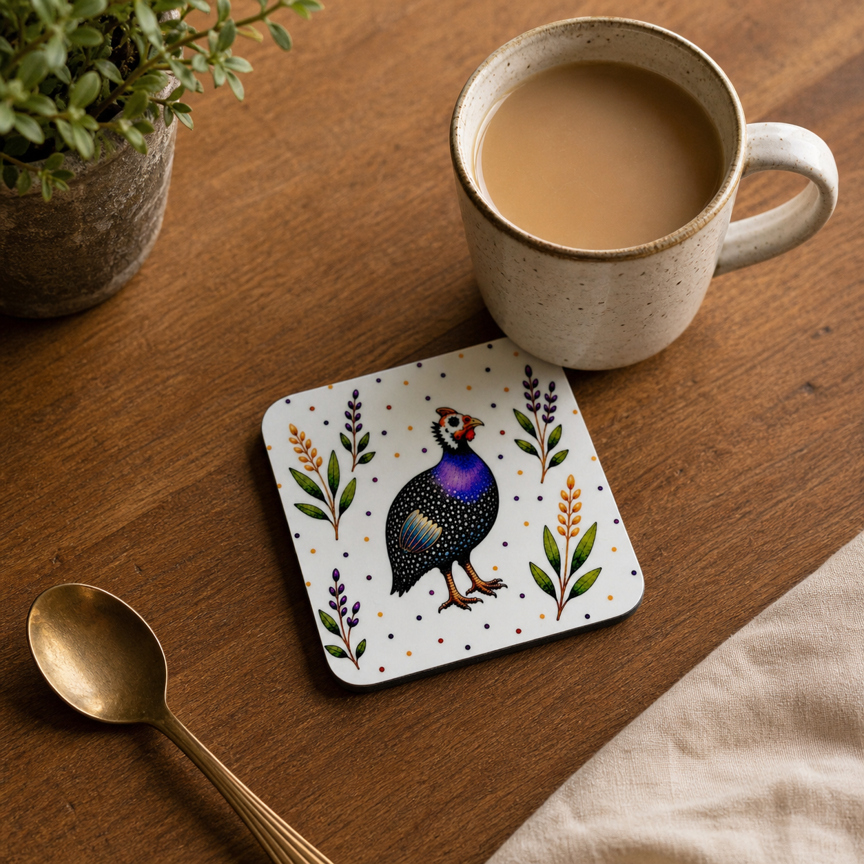 Guinea Fowl Floral Coaster – Glossy Decorative Drink Mat